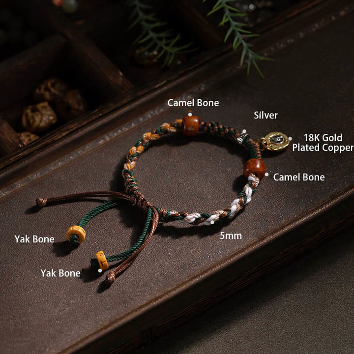 Buddha Stones Pulsera de cuerdas de la suerte de hueso de camello tibetano y hueso de yak
