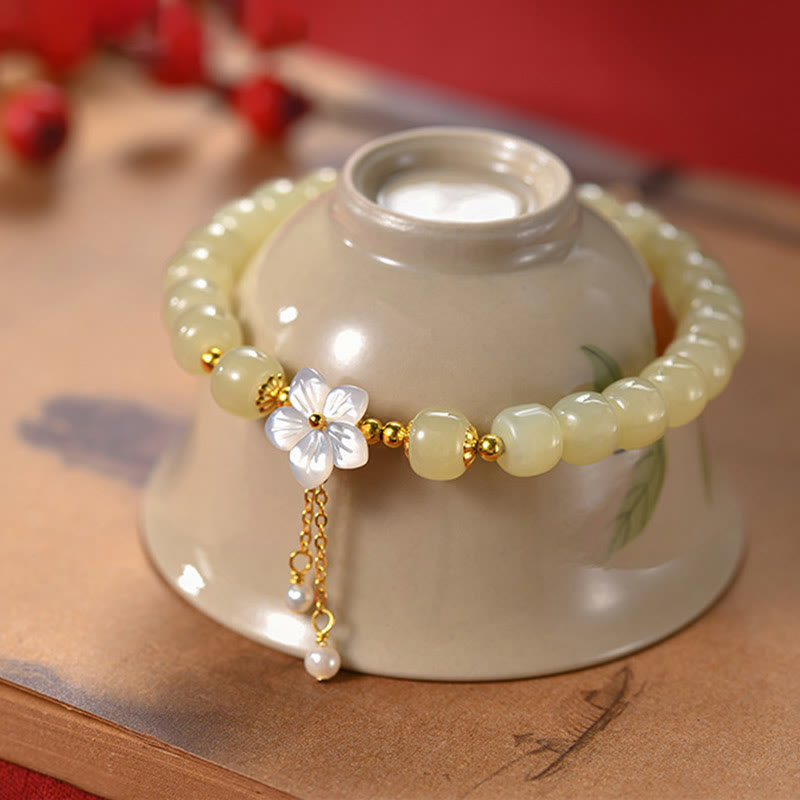 Pulsera de flor de la suerte de jade Hetian natural de plata esterlina 925 de Buddha Stones - Jade Hetian (circunferencia de la muñeca: 14-16 cm) - image 0