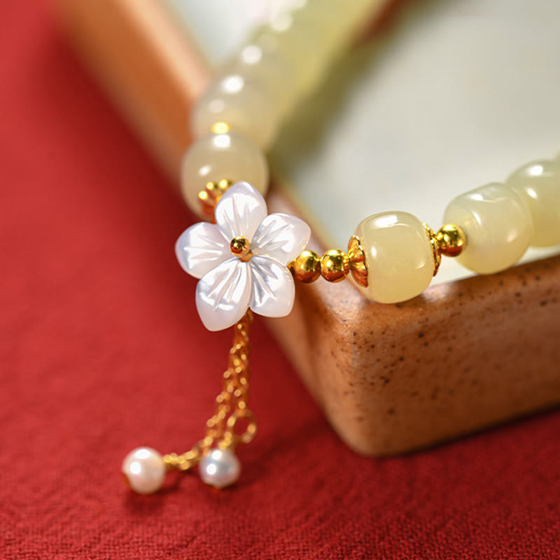 Pulsera de flor de la suerte de jade Hetian natural de plata esterlina 925 de Buddha Stones