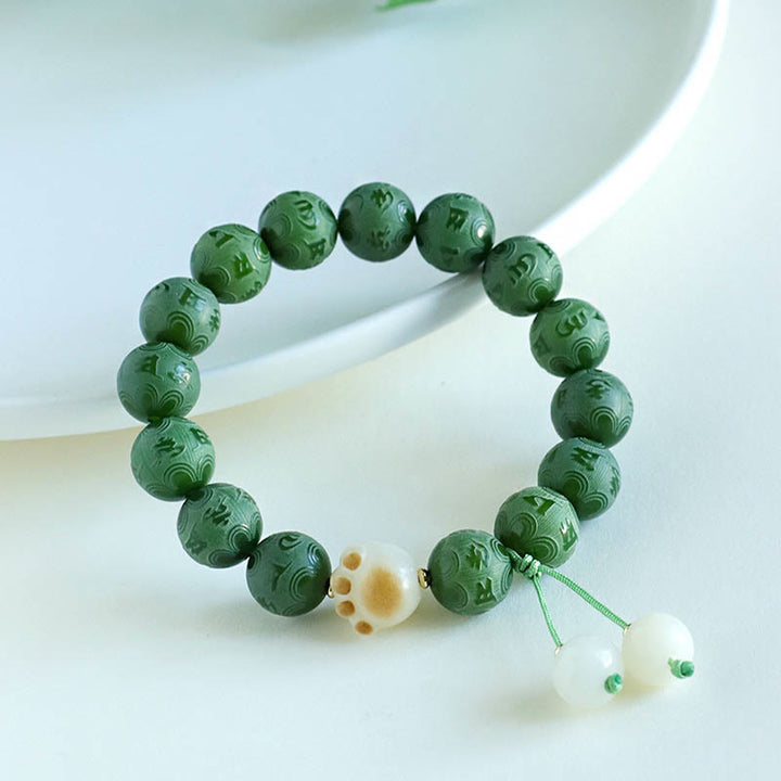 Buddha Stones Pulsera de Armonía Tallada con Semilla de Bodhi Om Mani Padme Hum