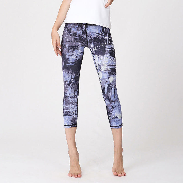 Leggings deportivos cortos de yoga de mujeres con impresión de líneas de flores de cerezo y Buddha Stones - Líneas azules grises - US8-10, UK/AU12-14, EU40-42 (XL) - image 9
