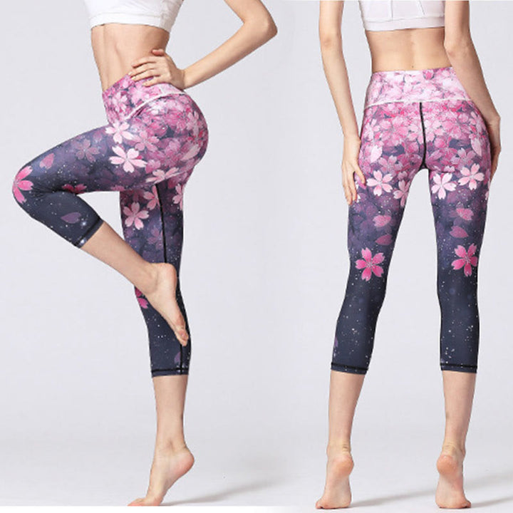 Leggings deportivos cortos de yoga de mujeres con impresión de líneas de flores de cerezo y Buddha Stones - image 4