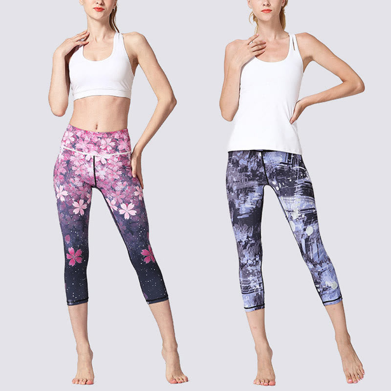 Leggings deportivos cortos de yoga de mujeres con impresión de líneas de flores de cerezo y Buddha Stones - image 13