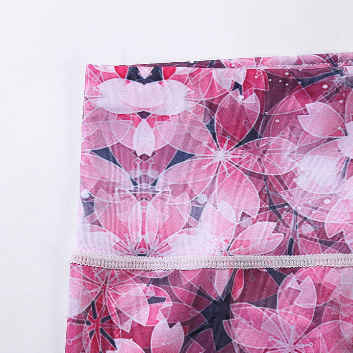 Leggings deportivos cortos de yoga de mujeres con impresión de líneas de flores de cerezo y Buddha Stones - image 5