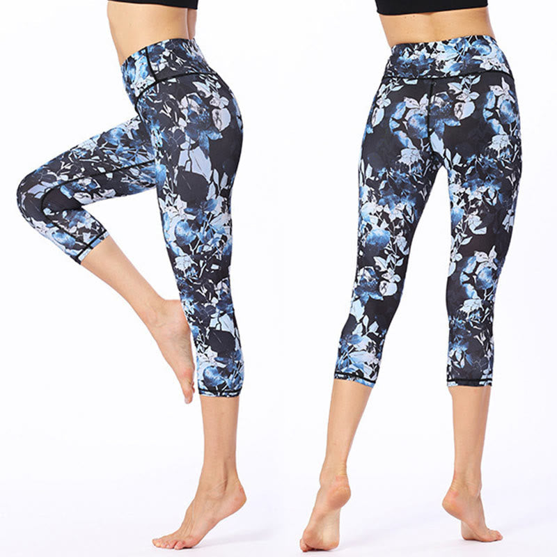 Buddha Stones Leggings deportivos cortos de yoga con estampado de hojas y mariposas para mujeres - Azul aciano - US8-10, UK/AU12-14, EU40-42 (XL) - image 0