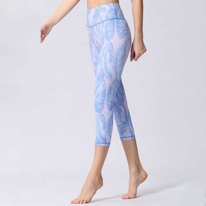Buddha Stones Leggings deportivos cortos de yoga con estampado de hojas y mariposas para mujeres - Cian claro - US8-10, UK/AU12-14, EU40-42 (XL) - image 10