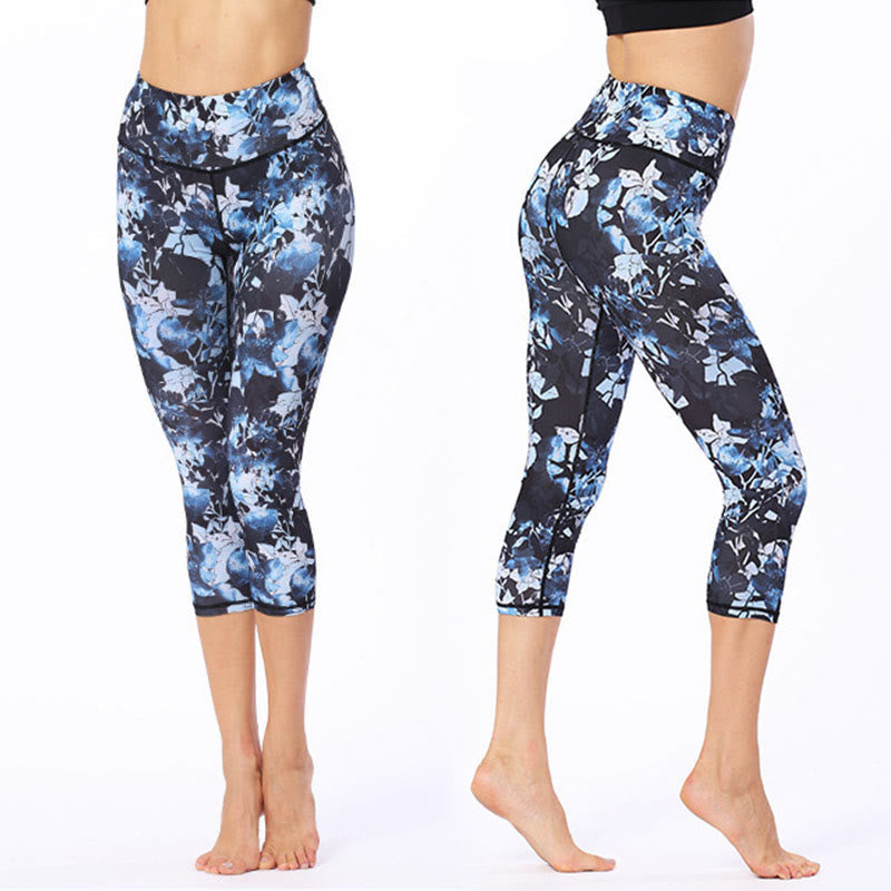 Buddha Stones Leggings deportivos cortos de yoga con estampado de hojas y mariposas para mujeres - image 2