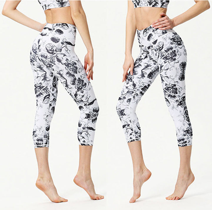 Buddha Stones Leggings deportivos cortos de yoga con estampado de hojas y mariposas para mujeres - image 8