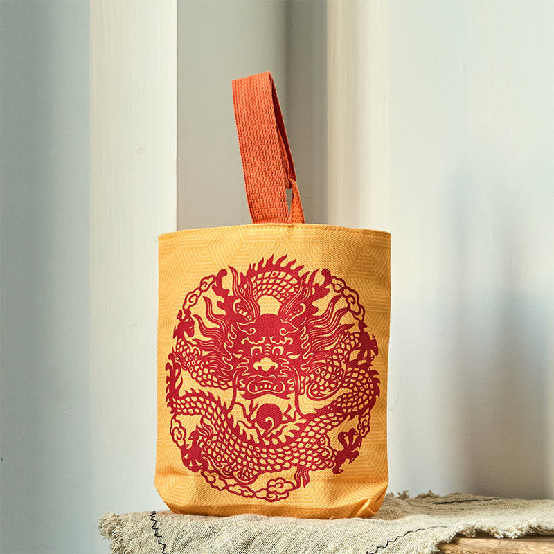Bolsa de Lona con Dragón Chino y Caqui de Piedras de Buda