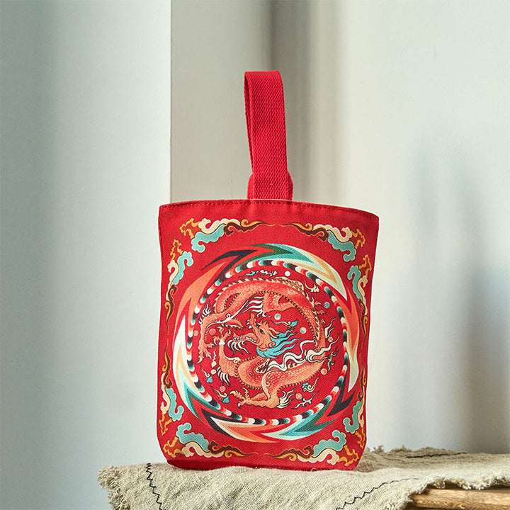 Bolsa de Lona con Dragón Chino y Caqui de Piedras de Buda