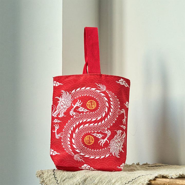 Bolsa de Lona con Dragón Chino y Caqui de Piedras de Buda