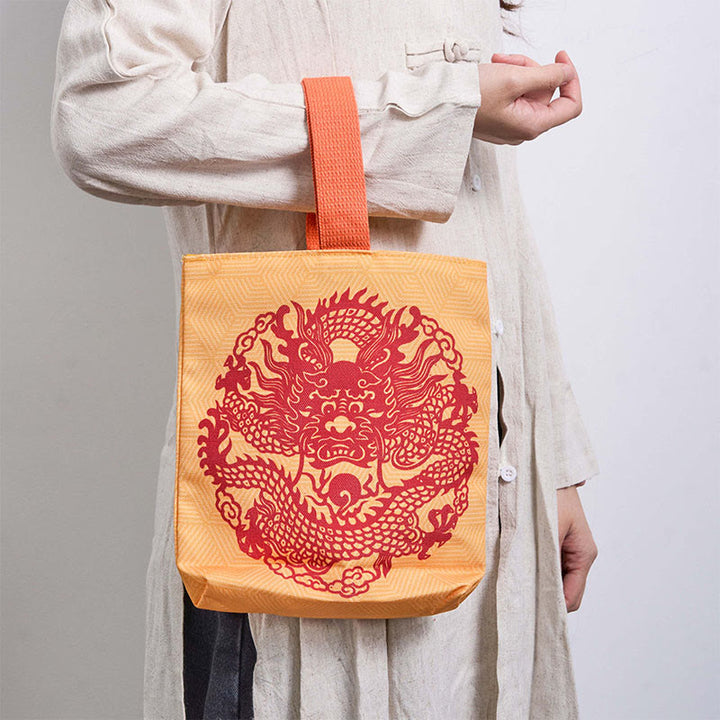 Bolsa de Lona con Dragón Chino y Caqui de Piedras de Buda