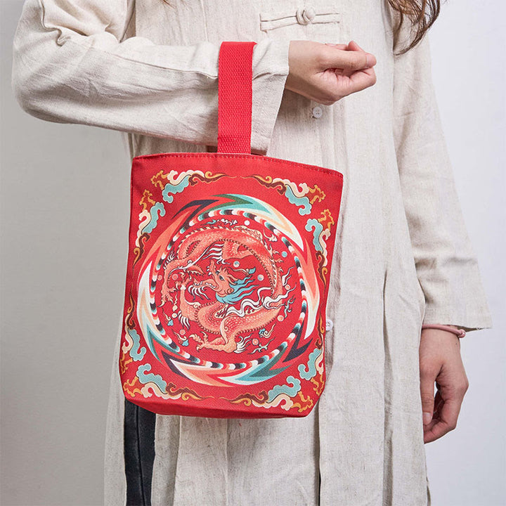 Bolsa de Lona con Dragón Chino y Caqui de Piedras de Buda