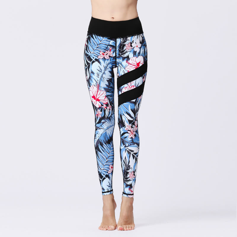 Buddha Stones Pétalos de Flores Hojas Estampadas Leggings Deportivos de Cintura Alta Pantalones de Yoga para Mujer - Celeste - US8-10, UK/AU12-14, EU40-42 (XL) - image 1