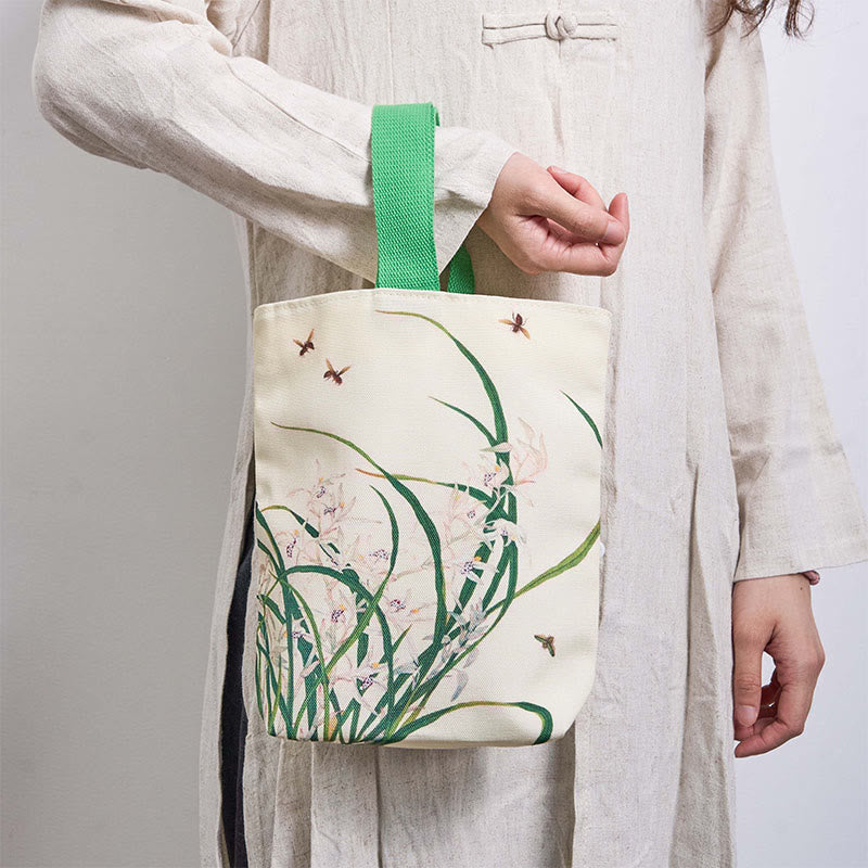 Buddha Stones Bolso de Mano de Lona con Abeja de Orquídea