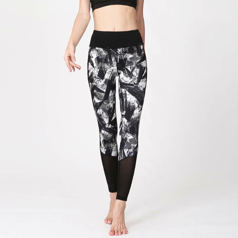 Leggings deportivos de malla con líneas de pincel en tinta negra blanca de Buddha Stones, pantalones de yoga para mujer - Líneas blancas y negras - US8-10, UK/AU12-14, EU40-42 (XL) - image 0