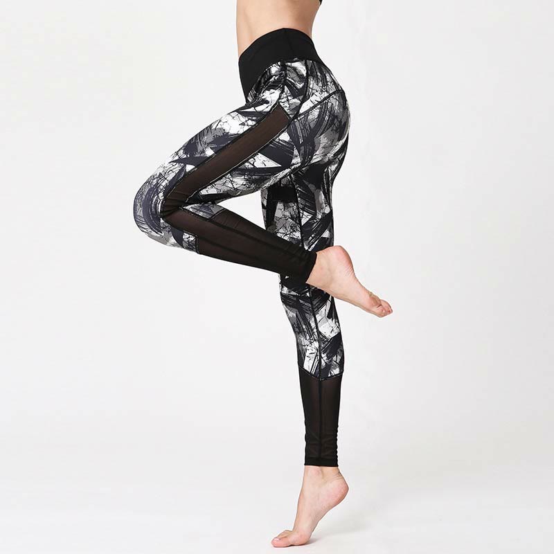Leggings deportivos de malla con líneas de pincel en tinta negra blanca de Buddha Stones, pantalones de yoga para mujer - image 3