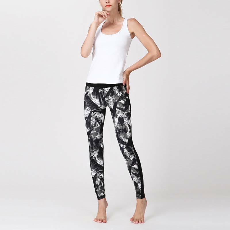 Leggings deportivos de malla con líneas de pincel en tinta negra blanca de Buddha Stones, pantalones de yoga para mujer - image 11
