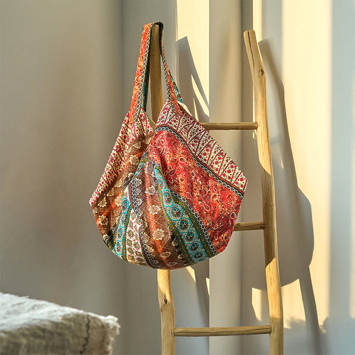 Bolso de Hombro de Algodón con Rayas de Colores de Buddha Stones - Naranja Marrón 50*20*40cm - image 3