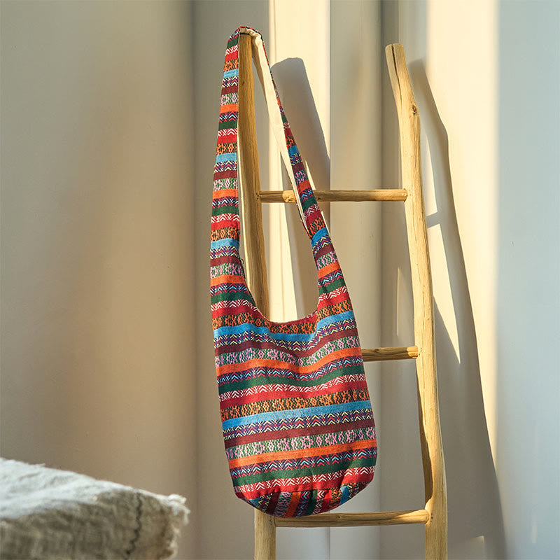 Bolso bandolera de algodón con patrón de rayas geométricas coloreadas Buddha Stones
