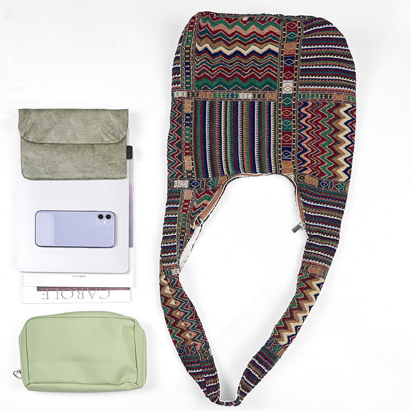 Bolso bandolera de algodón con patrón de ondas verdes y marrones de Buddha Stones