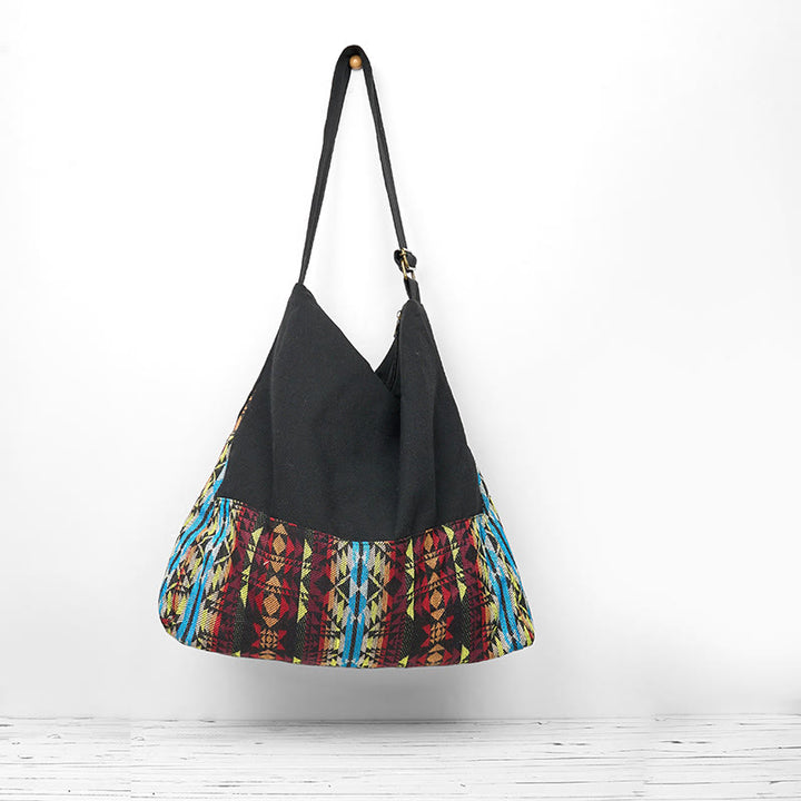 Bolso Bandolera de Algodón con Patrón de Rayas Negras, Rojas y Azules Buddha Stones