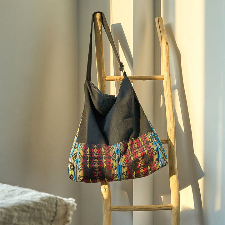 Bolso Bandolera de Algodón con Patrón de Rayas Negras, Rojas y Azules Buddha Stones