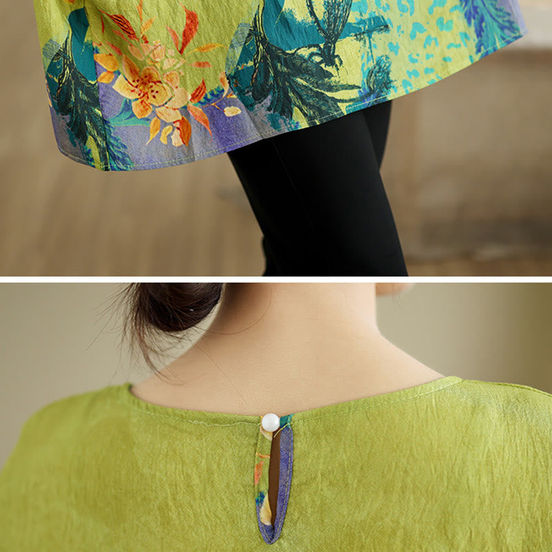 Camiseta de lino de manga tres cuartos con flores verdes y amarillas de Buddha Stones - image 7