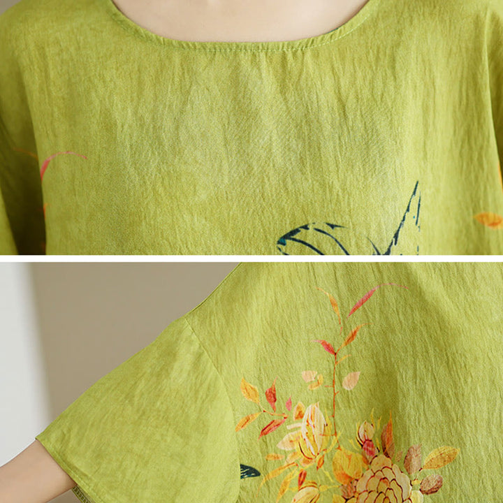 Camiseta de lino de manga tres cuartos con flores verdes y amarillas de Buddha Stones - image 6