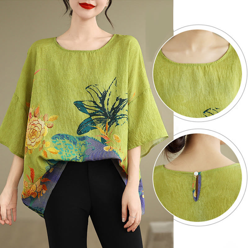 Camiseta de lino de manga tres cuartos con flores verdes y amarillas de Buddha Stones - image 9