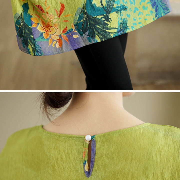 Camiseta de lino de manga tres cuartos con flores verdes y amarillas de Buddha Stones - image 7