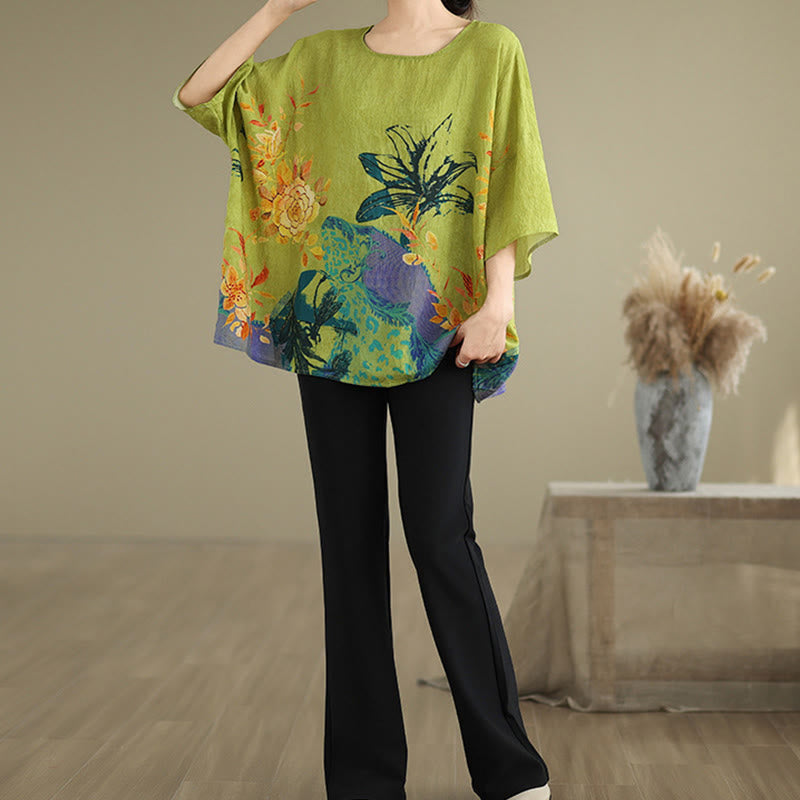 Camiseta de lino de manga tres cuartos con flores verdes y amarillas de Buddha Stones - image 12