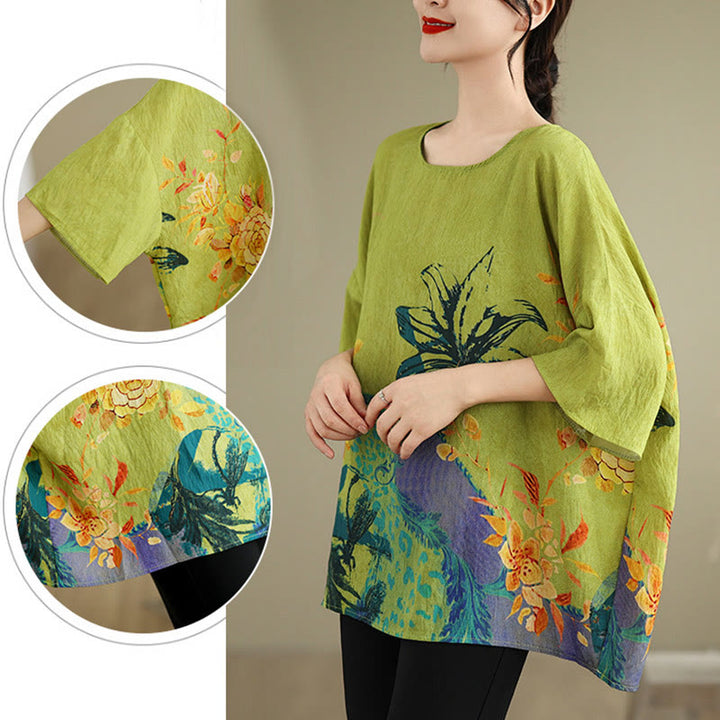 Camiseta de lino de manga tres cuartos con flores verdes y amarillas de Buddha Stones - image 10