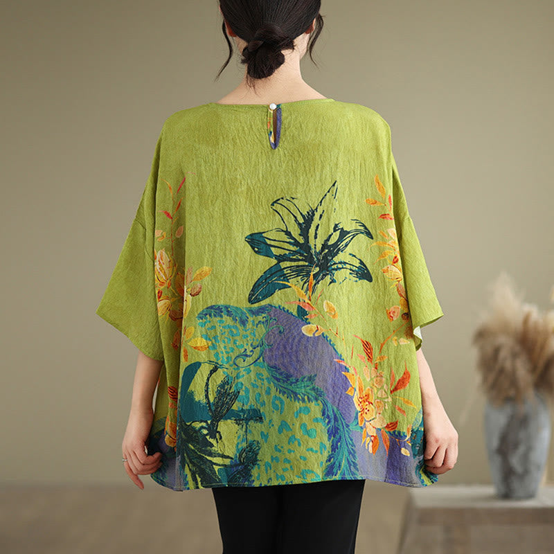 Camiseta de lino de manga tres cuartos con flores verdes y amarillas de Buddha Stones - image 1