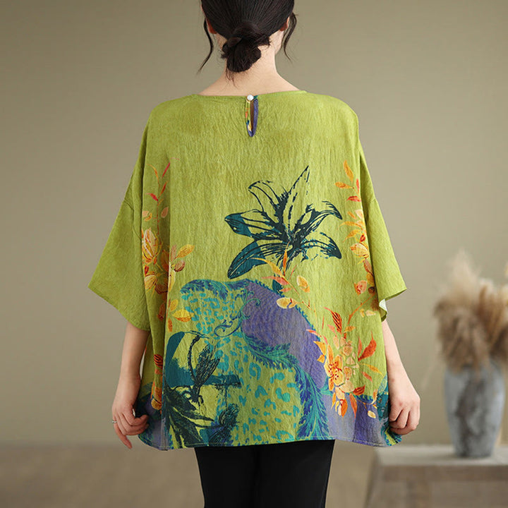 Camiseta de lino de manga tres cuartos con flores verdes y amarillas de Buddha Stones - image 1