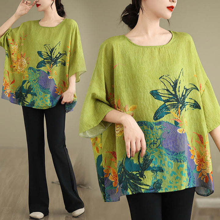 Camiseta de lino de manga tres cuartos con flores verdes y amarillas de Buddha Stones - image 11