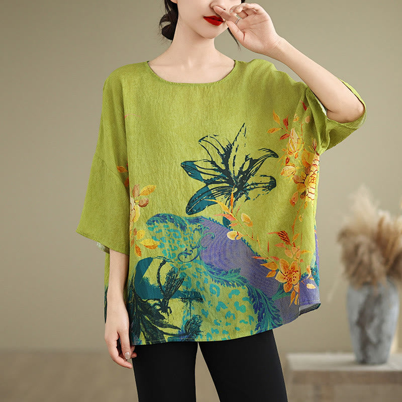 Camiseta de lino de manga tres cuartos con flores verdes y amarillas de Buddha Stones - image 4