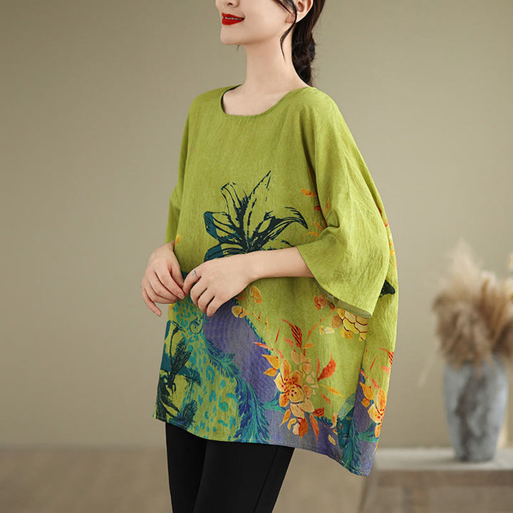 Camiseta de lino de manga tres cuartos con flores verdes y amarillas de Buddha Stones - image 3