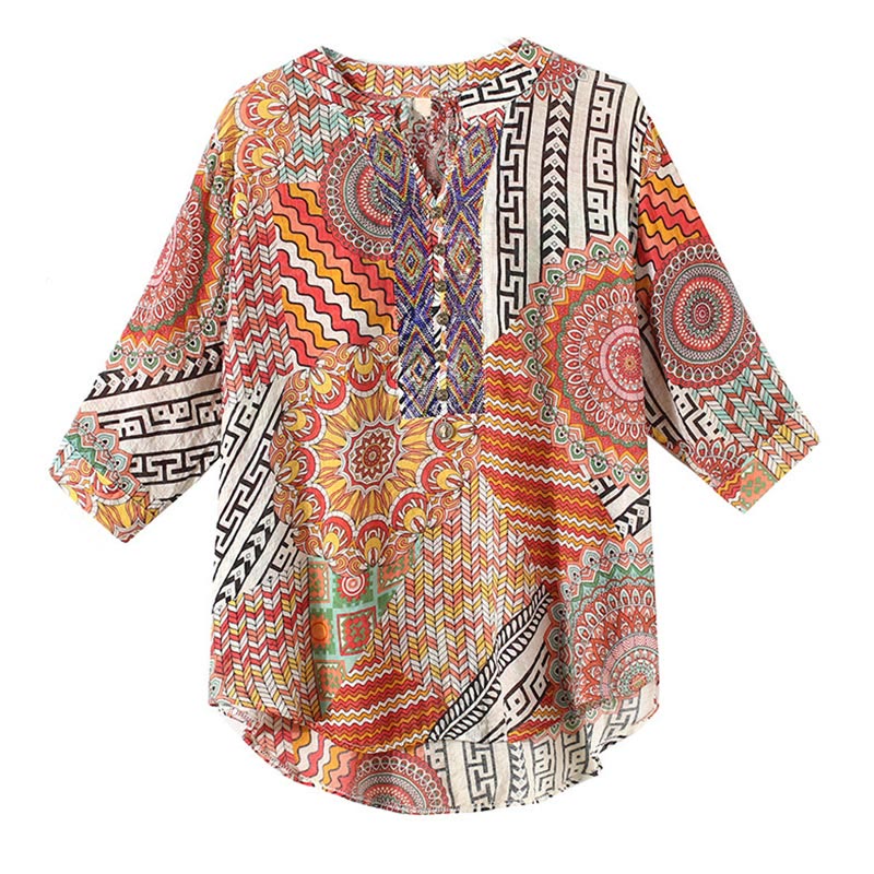 Buddha Stones Camisa de Mitad de Botones con Geometría Mandala para Mujer