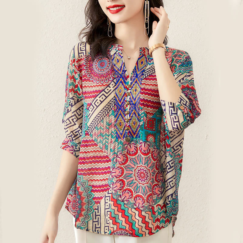 Buddha Stones Camisa de Mitad de Botones con Geometría Mandala para Mujer