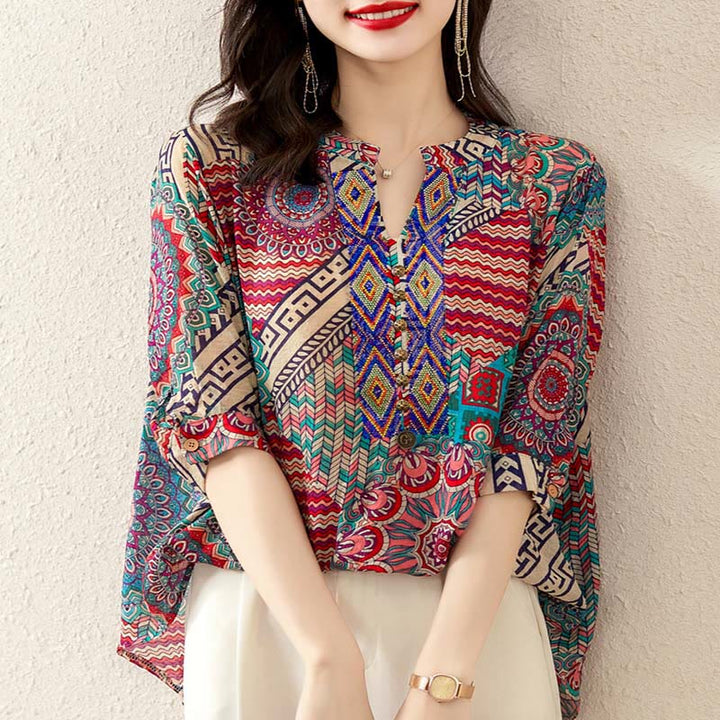 Buddha Stones Camisa de Mitad de Botones con Geometría Mandala para Mujer - image 1