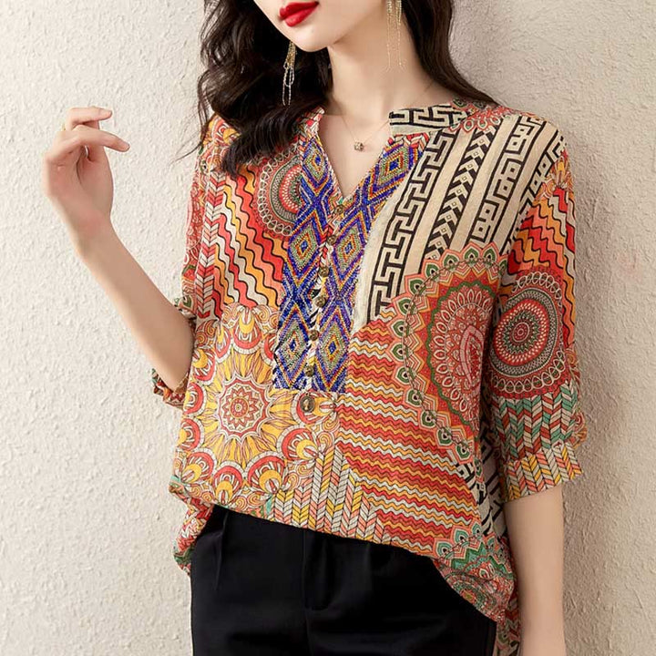 Buddha Stones Camisa de Mitad de Botones con Geometría Mandala para Mujer - image 14