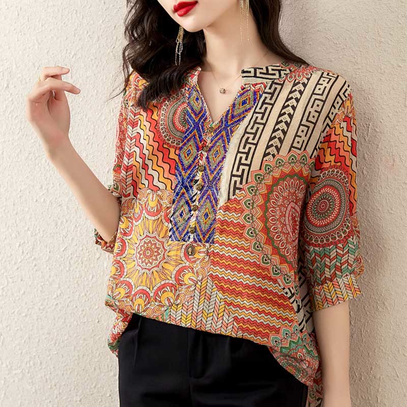 Buddha Stones Camisa de Mitad de Botones con Geometría Mandala para Mujer