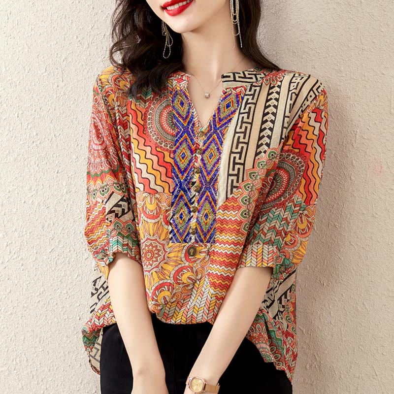 Buddha Stones Camisa de Mitad de Botones con Geometría Mandala para Mujer - image 19