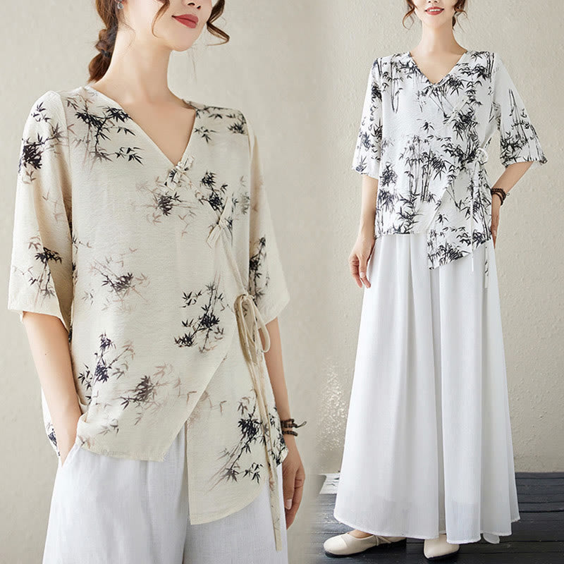 Camisa con botón de rana con estampado de hojas de bambú en tinta Buddha Stones, cuello en V con cordones