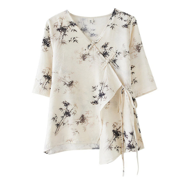 Camisa con botón de rana con estampado de hojas de bambú en tinta Buddha Stones, cuello en V con cordones