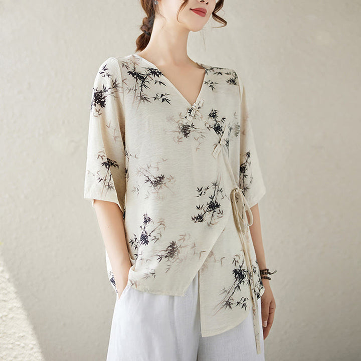 Camisa con botón de rana con estampado de hojas de bambú en tinta Buddha Stones, cuello en V con cordones - image 8