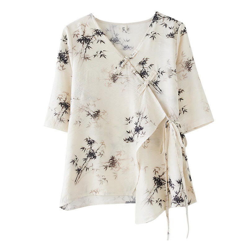 Camisa con botón de rana con estampado de hojas de bambú en tinta Buddha Stones, cuello en V con cordones - image 10