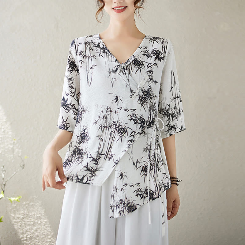 Camisa con botón de rana con estampado de hojas de bambú en tinta Buddha Stones, cuello en V con cordones - Nieve - XL(Equivalente a la US6.; UK/AU10; 38 de la UE) - image 0