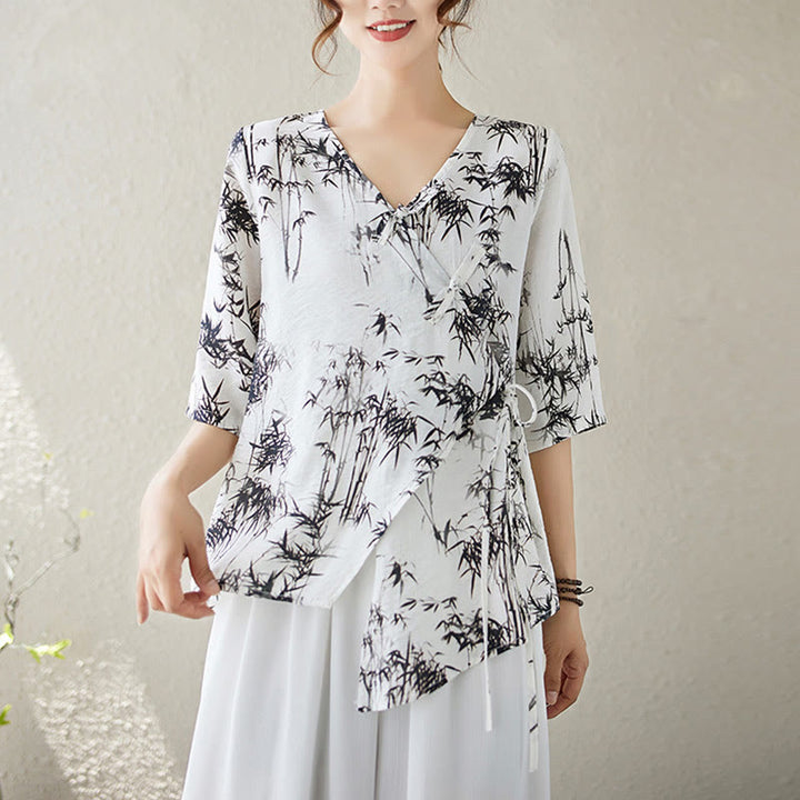 Camisa con botón de rana con estampado de hojas de bambú en tinta Buddha Stones, cuello en V con cordones - Nieve - XL(Equivalente a la US6.; UK/AU10; 38 de la UE) - image 0